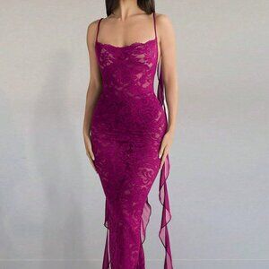 Red Violet Elegant Women's Comfortable Lace Ruffled Back Ruched Chiffon Dress